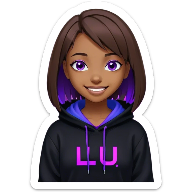 brown haired girl with a bob and blue eyes wearing black hoody with violet letters "Lu", laughs. Cyberpunk style. Violet neon. sticker