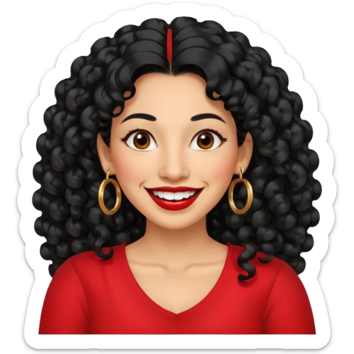 40 yr old peruvian woman, very curly long black hair, red lipstick, big smile, white teeth, brown eyes, hoop earings, hair parted at side sticker
