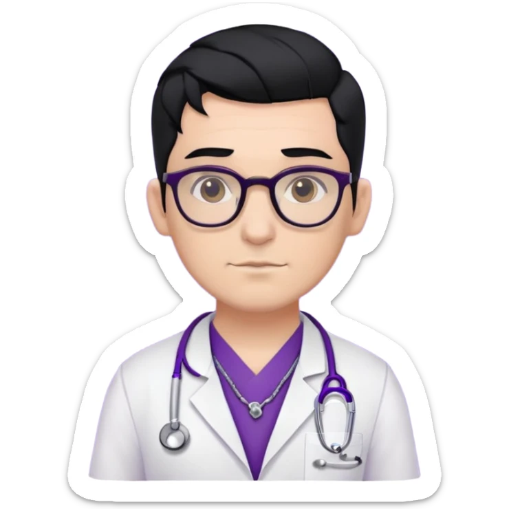 Male doctor glasses black hair, piercings and tatoos, violet uniform and white bata sticker