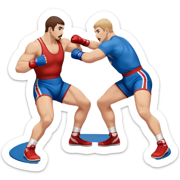 Two Sambo fighters in blue and red gis with shorts and wrestling shoes, executing gripping and throwing techniques. The fighters are engaged in a dynamic, action-packed moment with no strikes. The background features a wrestling mat, focusing on the technique and control. Transparent background  sticker