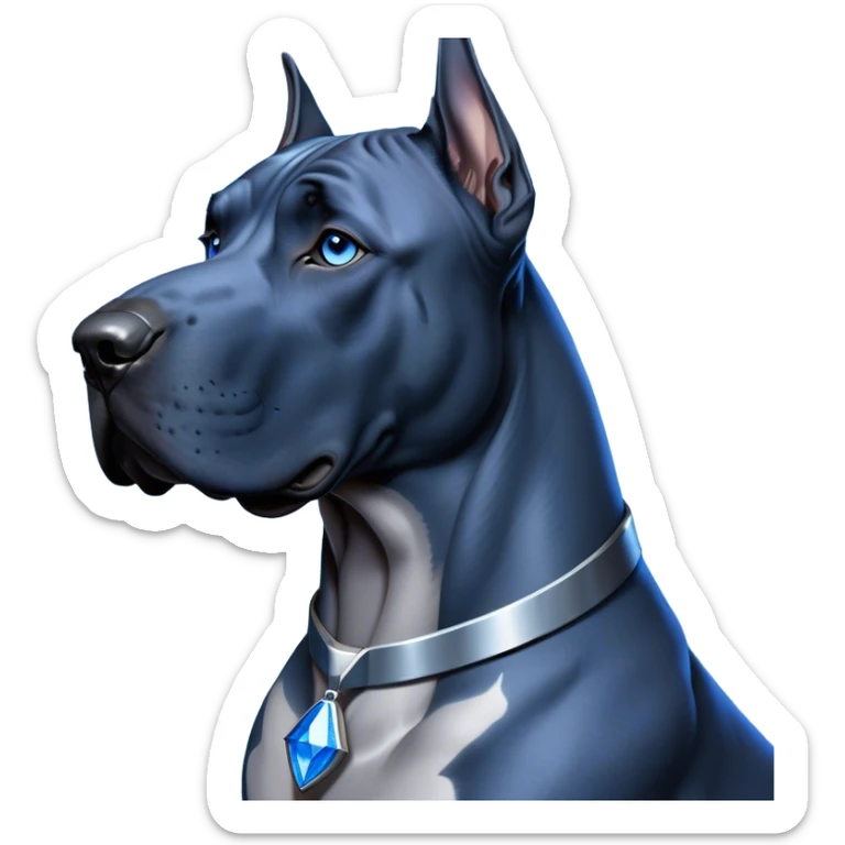 Cinematic Noble Blue Great Dane Portrait Emoji, Poised and regal, with a towering, muscular build and a sleek, well-groomed deep blue Fur, deep-set soulful steel-blue eyes, Simplified yet sharp and sophisticated features, highly detailed, glowing with a cool, dignified glow, high shine, intelligent and commanding, stylized with an air of majesty, focused and attentive, soft glowing outline, capturing the essence of a watchful and authoritative guardian, so majestic it feels as though it could stride out of the screen with effortless authority! sticker