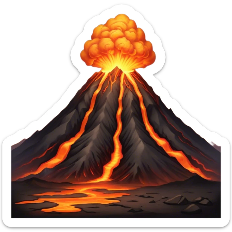 Cinematic Realistic Volcano Emoji, Powerful and awe-inspiring, with molten lava flowing from its jagged, smoking peak, casting an orange glow in the surrounding darkness. The landscape around it is barren and rocky, with clouds of ash rising into the sky. Soft glowing outline, capturing the essence of raw power and fiery energy in a towering volcano. sticker