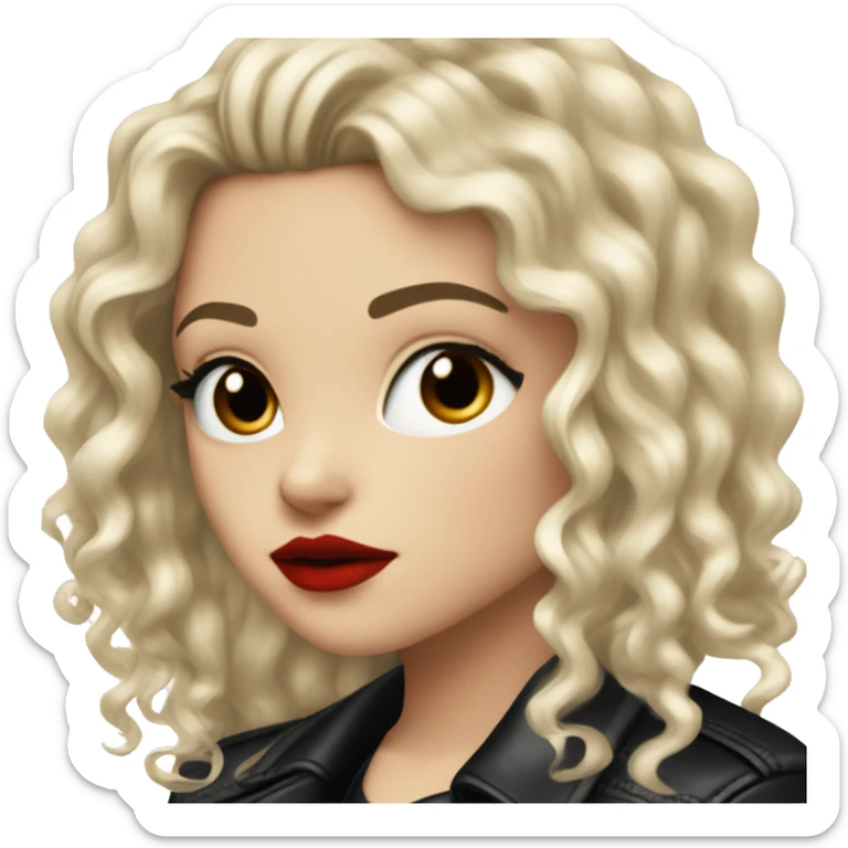 White girl, with long curly black hair, with red lipstick, black winged eyeliner, wearing black shirt and black leather jacket sticker