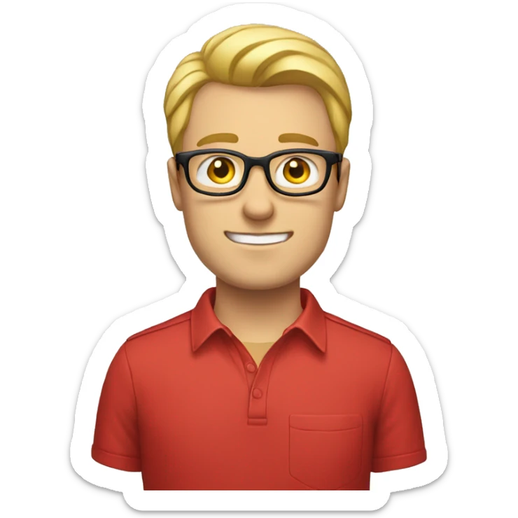 man with blond hair, white skin, wearing glasses, clean-shaven, wearing a red shirt sticker