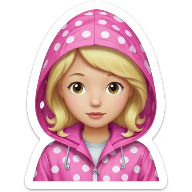Blonde girl in a pink polka dot raincoat with hoodie sticker