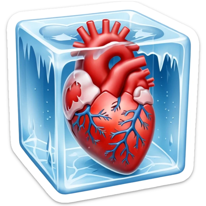 Ultra-realistic photo of a human heart frozen inside a clear ice cube, sharp details, icy texture, frost on the surface, studio lighting, 8k resolution sticker