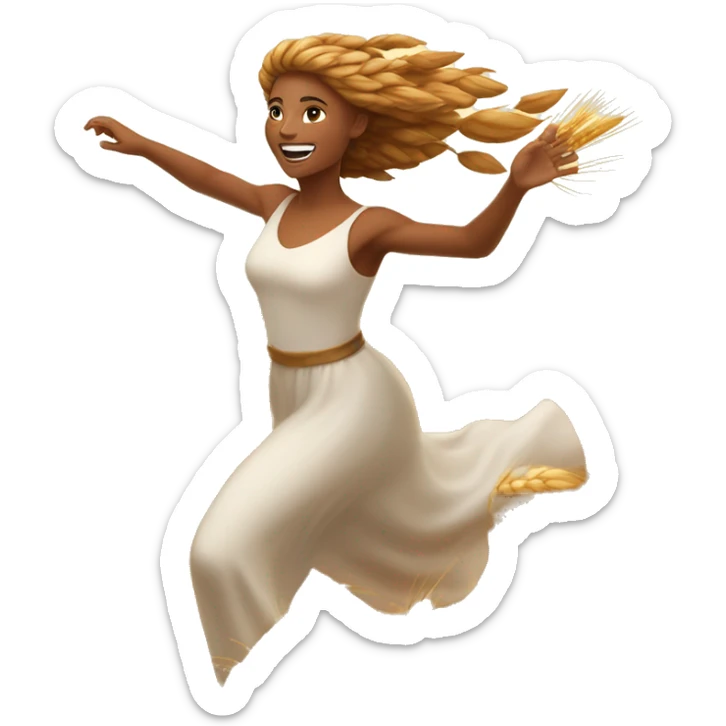 wheat harvest goddess, golden brown hair, sprinting with large stride and arms outstretched sticker