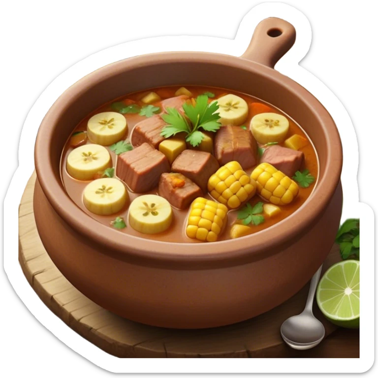 Cinematic Realistic Sancocho Antioqueño Emoji, depicting a hearty Colombian stew brimming with tender cuts of meat, yuca, plantains, corn on the cob, and potatoes in a rich, flavorful broth. Served in a rustic clay bowl with fresh cilantro and lime on the side, rendered with warm, inviting textures and homely, comforting lighting. sticker