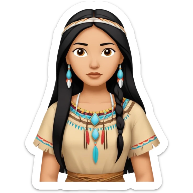 Pocahontas from hips up, Native American dress, long black hair, minimal style, larger size sticker