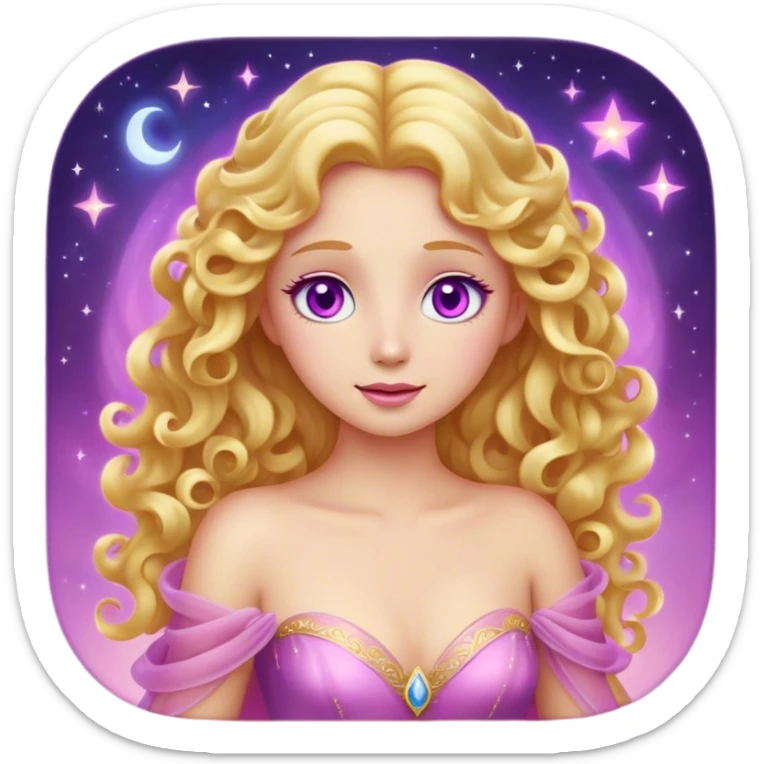 Cinematic Stunning Aurora Portrait Emoji, Ethereal in her flowing pink gown, golden curls shimmering, soft violet eyes filled with serenity, an enchanting glow surrounding her, capturing the beauty of a princess lost in a dream! sticker