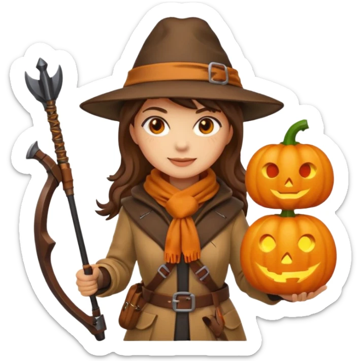 female human monster hunter emoji, wearing brown coat and hat, holding crossbow, soft smile, scarf, glowing pumpkin by her side, Halloween fantasy style, clean vector Apple emoji look, bright colors, white background, square sticker