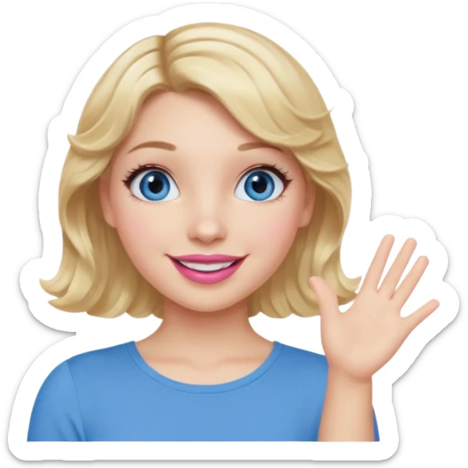 Girl Blonde short wavy hair,  blue eyes, cute blue top, long lashes, pink lips, smiling, one hand in the air sticker