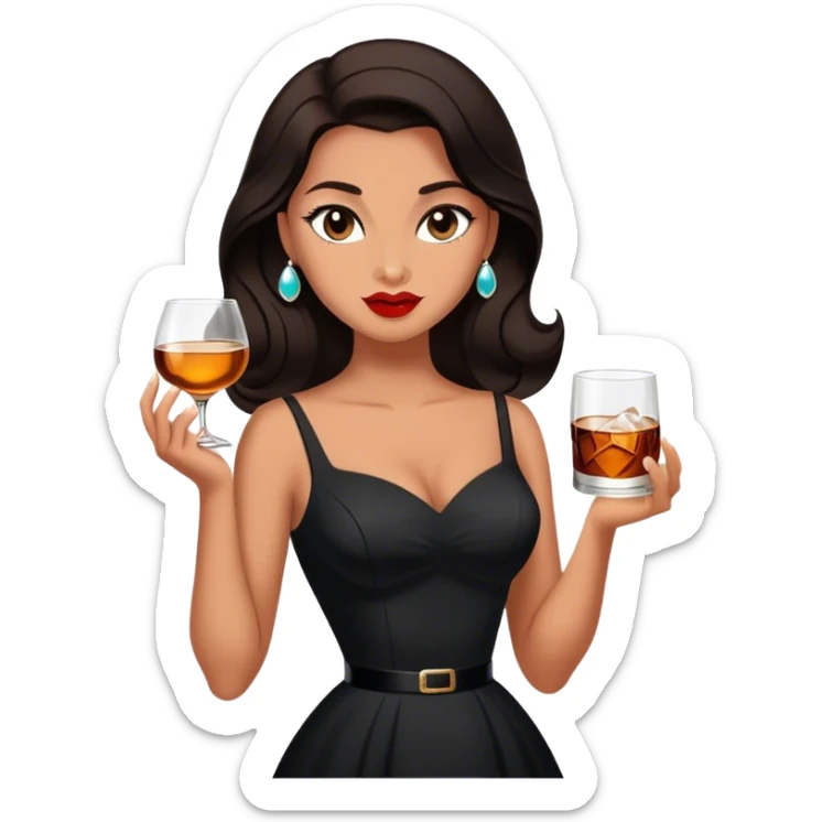 Beautiful woman in 1950’s woman fashion look, black dress, long dark brown hair, whisky with ice sticker