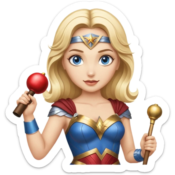 Blonde blue eyes Wonder Woman holding bell and short white orchestra conductor’s baton  sticker