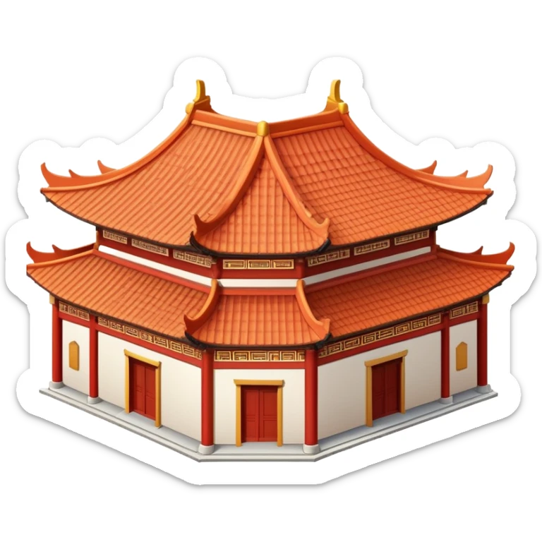 Chinese temple building with curved eaves, decorative roof tiles, traditional style sticker