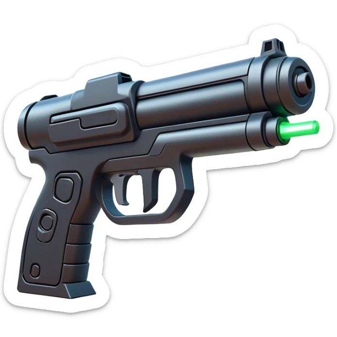 Clash of Clans aesthetic: Cinematic Playful 3D Isometric Laser Gun Emoji, rendered in a 3D vector-style similar to standard emojis with minimal shading and bold, simplified shapes. A compact, distinct form with signature details, softly glowing with a futuristic sci-fi warfare charm. Simplified yet unmistakably iconic, highly detailed and consistent, glowing with a soft radiance and high shine. Stylized with a touch of high-tech brilliance and a soft glowing outline, capturing the essence of a beloved gaming relic with a friendly, playful manner! sticker