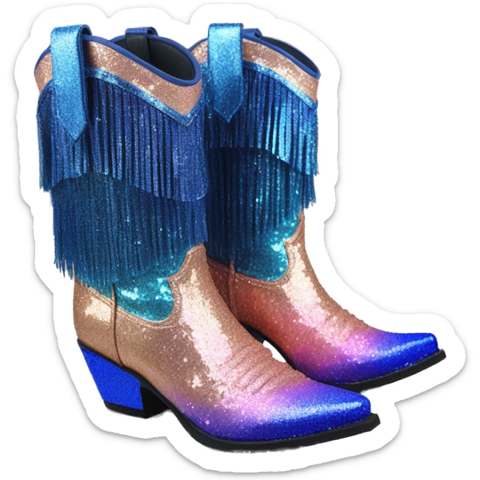 Realistic rose gold and royal blue ombre pair of fashion cowgirl boots with sparkly shiny glitter fringe on them. sticker
