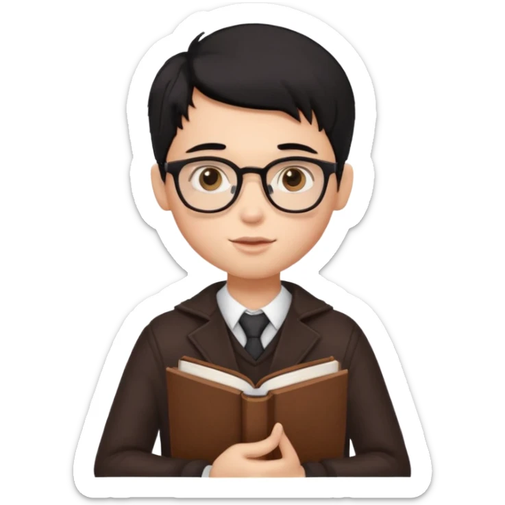 a pretty bratz boy with black hair, spectacles on, holding a book in hand and a chocolate in the other sticker