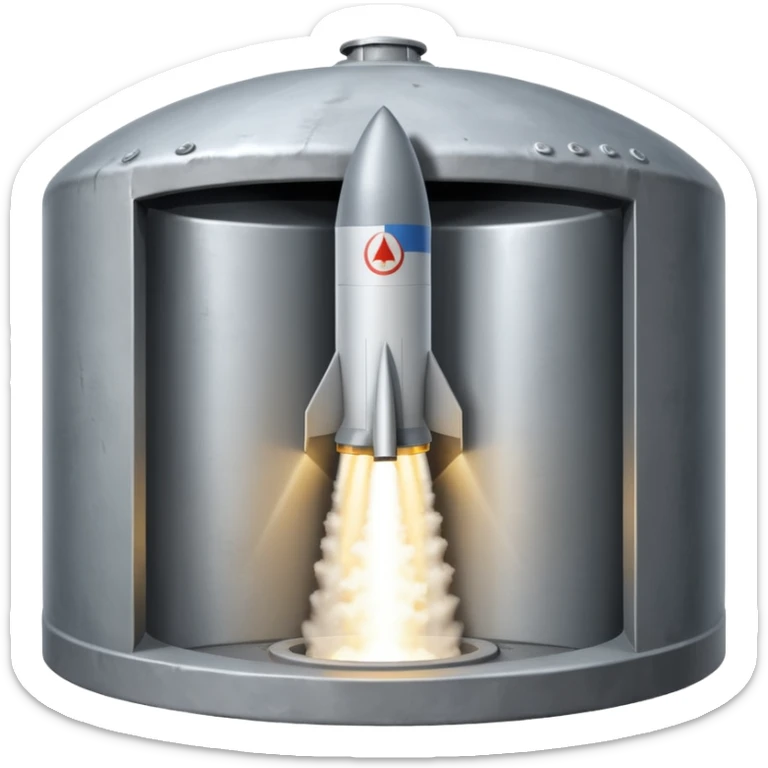 grey missile silo hatch open, and the top two thirds of a white nuclear missile launching out of the silo is shown sticker