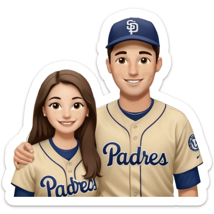 *White* Smiling couple. Woman has big cheeks and a lot of freckles on the nose. long brown hair. Man has black and very short hair and prominent eyebrows with egipcian nose. Both are wearing “Los Padres” baseball jerseys and with a sign that says “Go Padres!” sticker