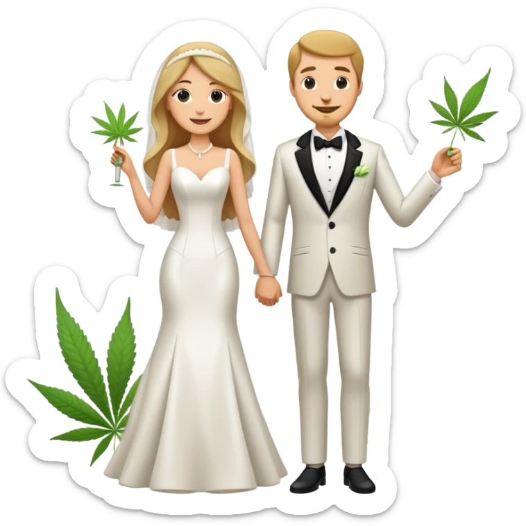 Full body view of bride in white dress and groom in tuxedo sharing a cannabis joint, cheerful cartoon wedding couple standing together sticker