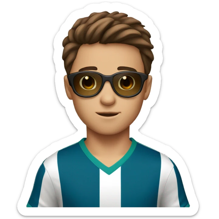 boy with brown hair and brown eyes and peach skin playing soccer with sunglasses on  sticker