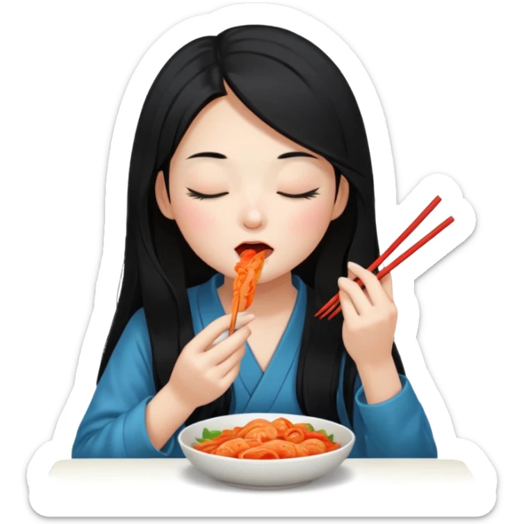 Girl with black long hair eat kimchi close eyes chopstick sticker