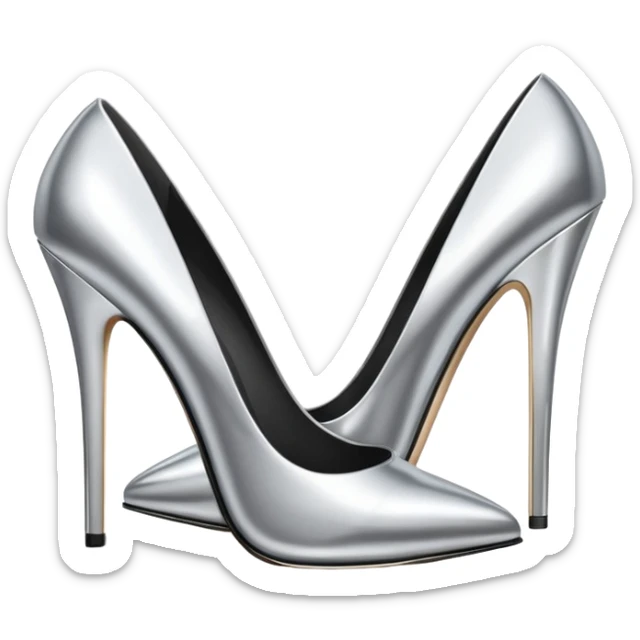A pair of high heel shoes emoji made of polished silver chrome, elegant sharp silhouette, smooth metallic surface, glossy reflections, luxury sexy vibe, minimalistic iOS emoji style, centered, clean white background sticker