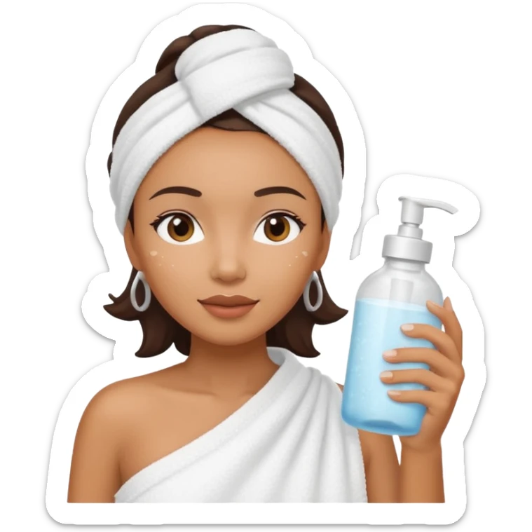 Mixed-race woman with caramel skin, wearing a white towel around her body, holding a frosted glass skincare bottle sticker