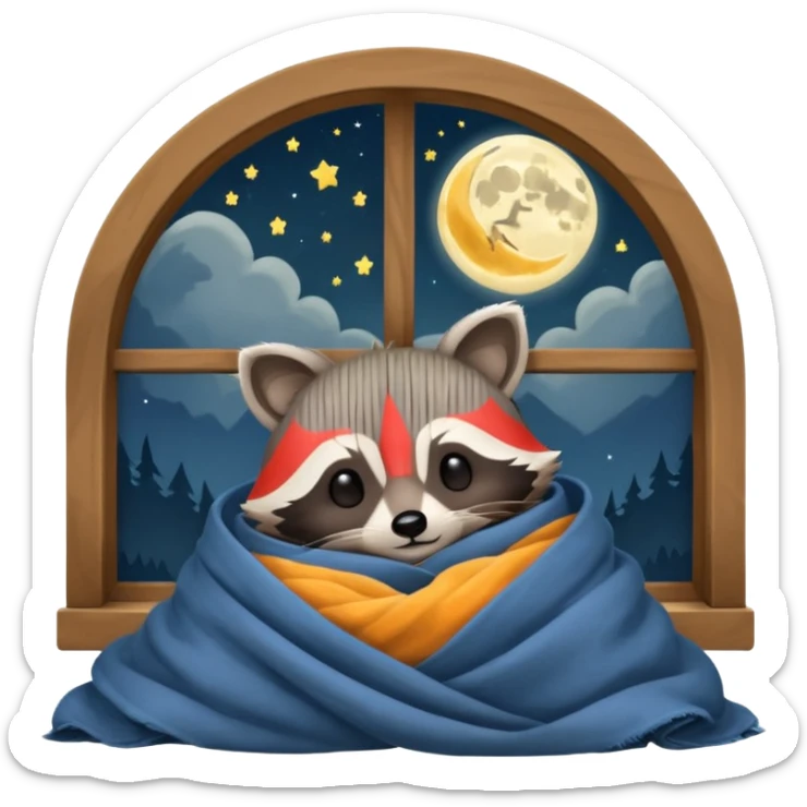 A raccoon sleeps under a blanket against the backdrop of an open window with the moon sticker