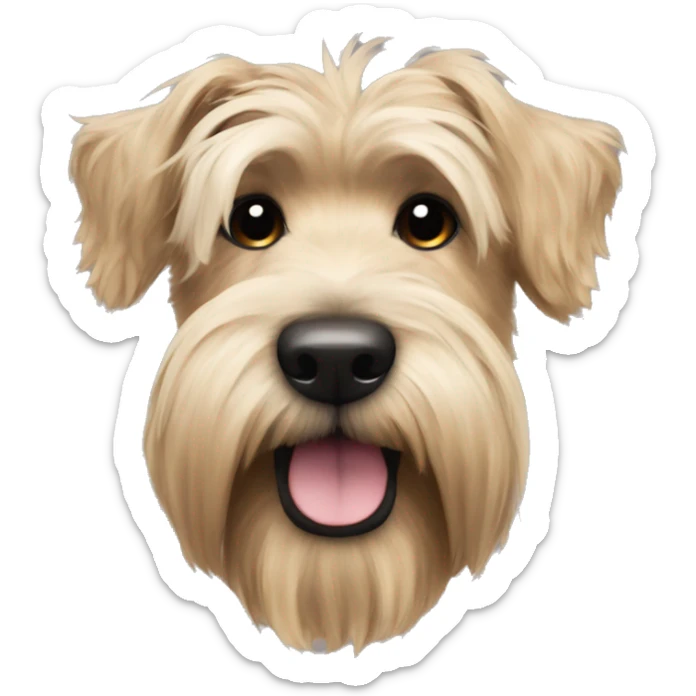 Wheaten terrier with long fluffy hair, dark ears and black chin sticker