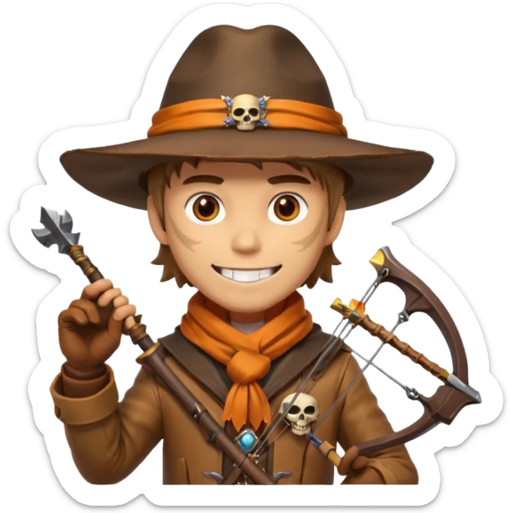 male human monster hunter emoji, wearing brown leather coat and wide hat, holding crossbow or rifle, with amulet shaped like skull, Halloween fantasy theme, confident smile, orange scarf, Apple emoji style, clean white background, square image sticker