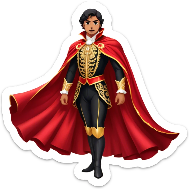 Spanish Matador – Cinematic Realistic Spanish Matador, portrayed in an ornate traje de luces with a flowing red cape, standing poised in a classic bullring with swirling dust and dramatic light, his intense expression and elegant stance capturing both bravery and artistry. sticker