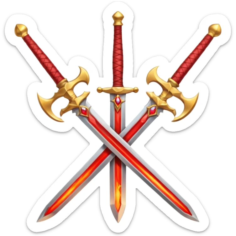 Two crossed swords that are golden in blade and handle and have fiery and royal appearence to them as well as red gem stones sticker
