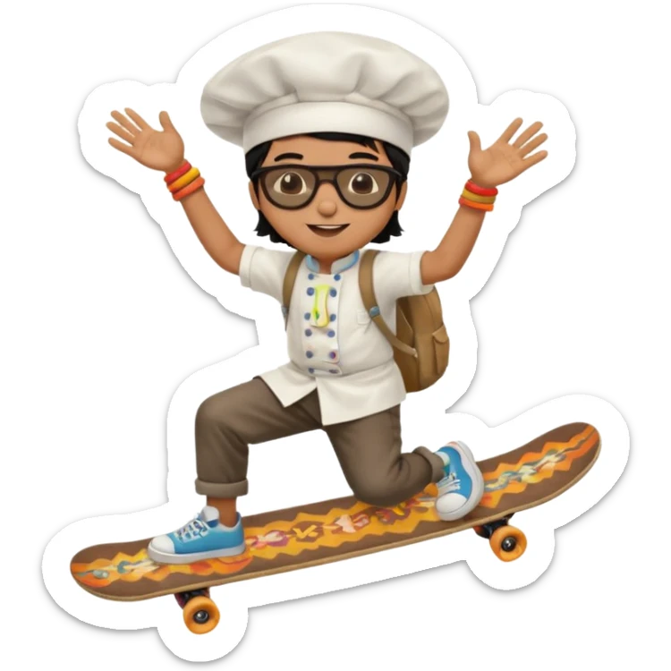 ["A happy boy with brown skin, straight hair, wearing a chef hat and sunglasses, dressed in hippie fashion, is skateboarding while holding a backpack."] sticker