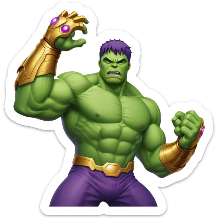 Hulk fighting Thanos, green superhero versus purple villain with infinity gauntlet sticker
