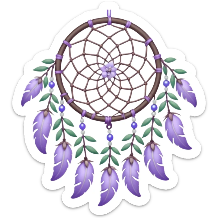 Lavender lilac pastel purple dreamcatcher-suncatcher with lavender flowers and lilac flowers attached, blue beads, and white beads, green leaves sticker