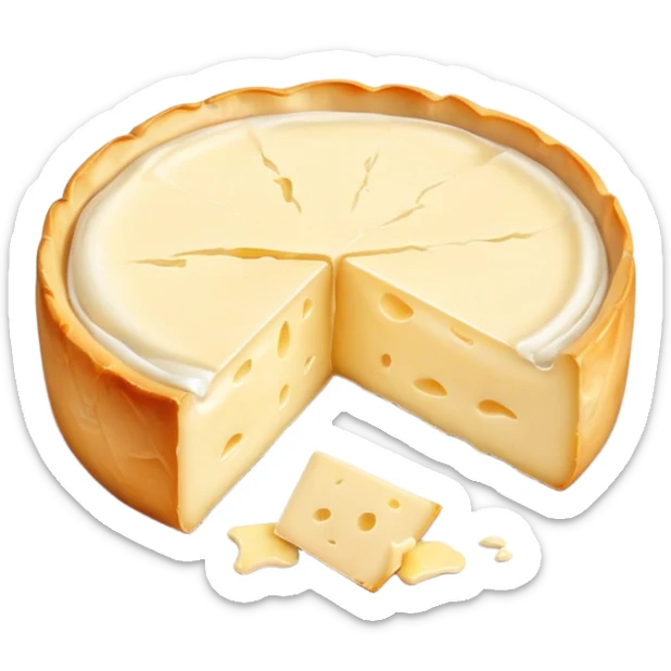 cinematic-realistic-brie-cheese-emoji,-featuring-a-creamy gooey center,-soft-ripened-cheese-with-a-delicate-rind-rendered-with-lifelike-detail-and-inviting,-natural-lighting. sticker