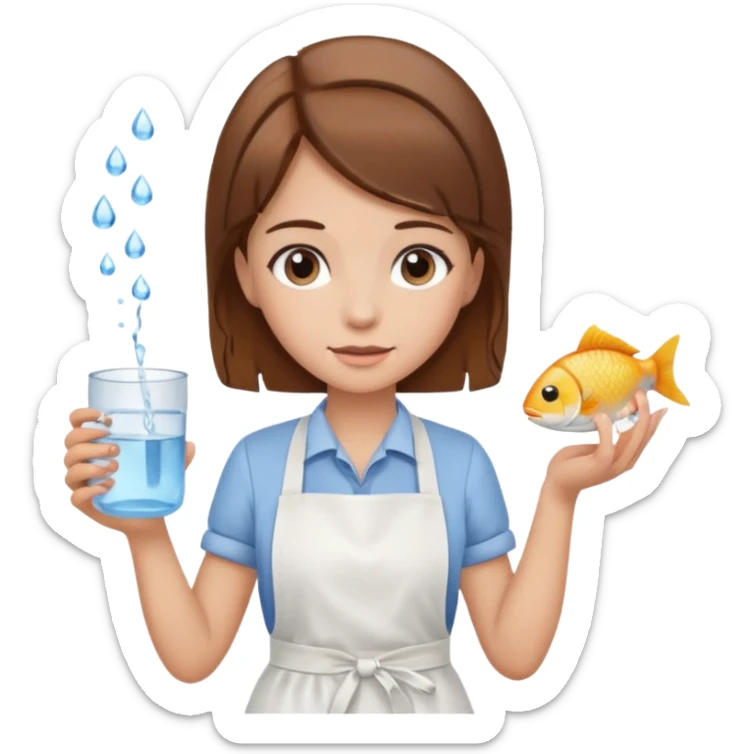 A girl with brown hair wearing an apron and holding a fish and a cup of water in another hand sticker