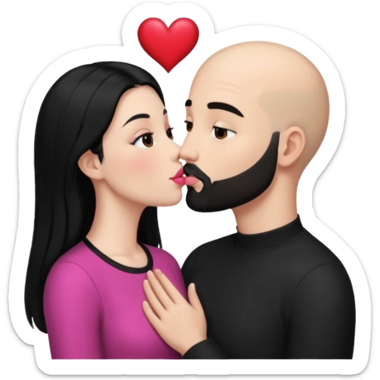👩🏻‍❤️‍💋‍👨🏻 this one but the man should be bald. white woman with long black hair and white bald young man whoitiut hair and a heart between their heads. she has pink lips and both have brown eyes. he has e full beard but short. both wear black. they kiss slowly sticker