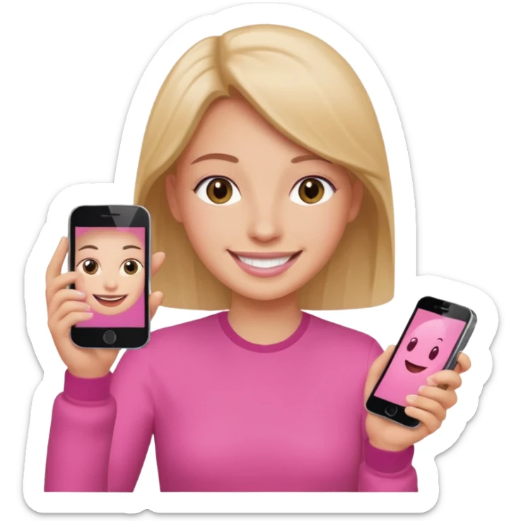 pink video call between one person holding the phone with a person on the phone screen sticker