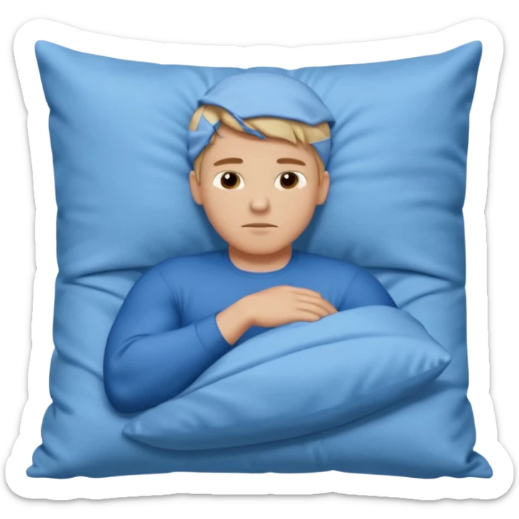 A young muscular male with short dark-blonde hair, medium-light skin, and a neutral expression, dressed in blue cloth. He lies on his side, arms around a soft white pillow, with his head on a smooth blue pillow. A flowing blue blanket covers him in silky folds. sticker