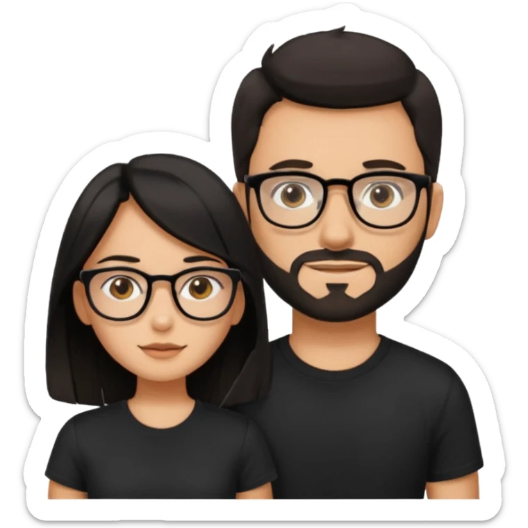 chico con gafas y barba corta moreno  camiseta negra al lado una chica pelo negro  largo piel blanca y camiseta rosa ojos marrones sticker