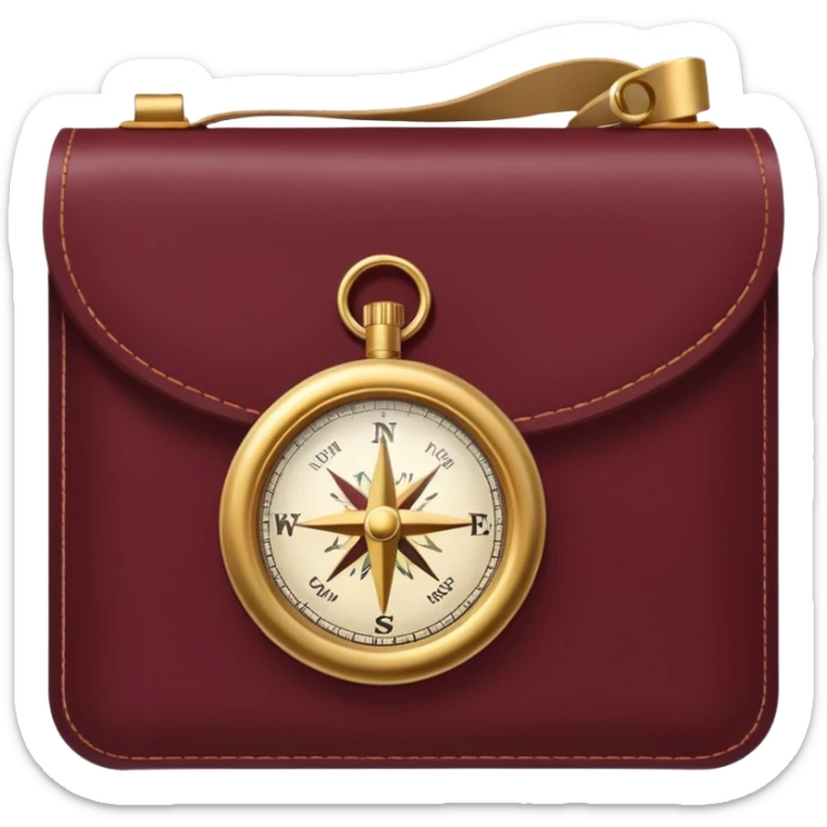 burgundy travel item and  a gold compass in the lower right corner of the emoji in front of travel item sticker