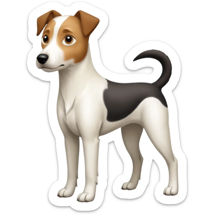 a full body large white parson russell looking dog the size of a kelpie with light brown flapped down ears and a light brown patch on one eye and a large snout sticker
