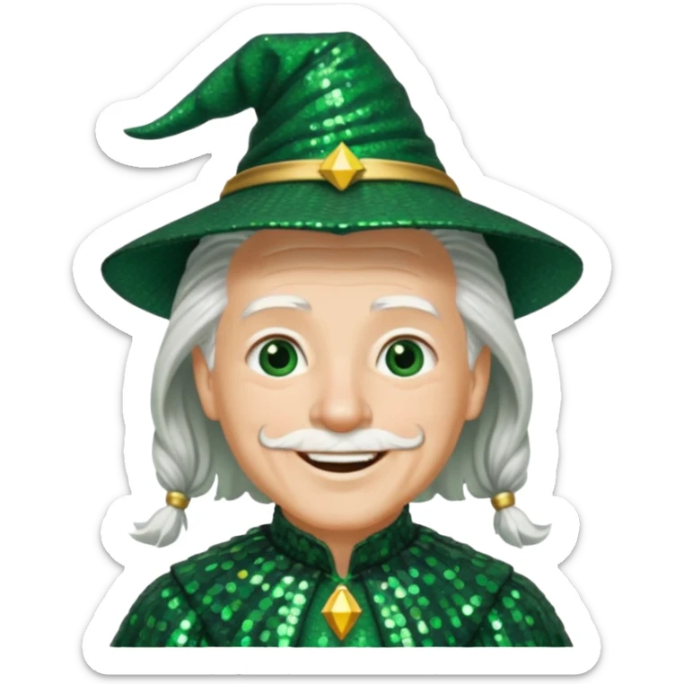 The Wizard from the Wizard of Oz with white hair, dark green sequin outfit sticker