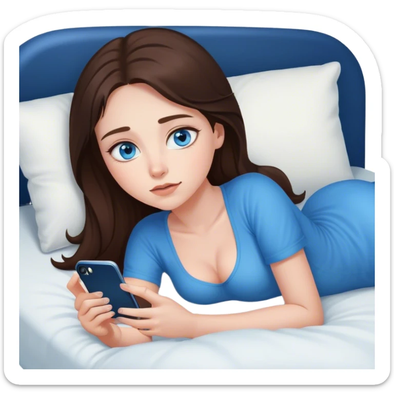 Brunett white girl with blue eyes, laying on stomach  In bed at night , using her iPhone sticker