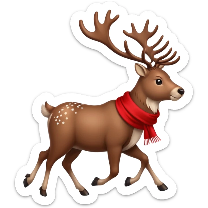A majestic reindeer with large antlers, wearing a cozy scarf, happily trotting southwards with a determined look, snowflakes gently falling around, in a minimalist emoji style sticker