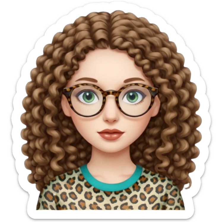 a blue green eyed woman with very long brunette curly hair, full lips,and pale skin. She is wearing a leopard printed thin round-ish glasses . She is wearing a brown top. sticker