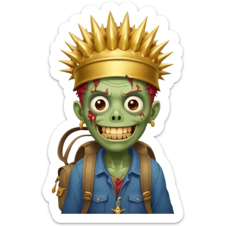 Zombie portrait with spikey hair, smirking with gold teeth, Astor’s hat, and a backpack sticker